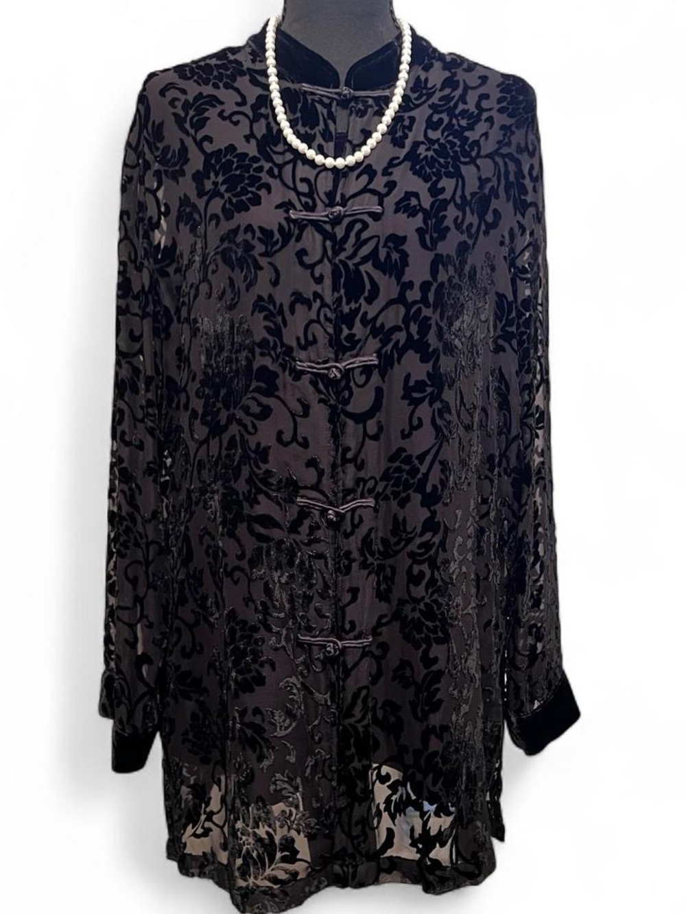 Vintage 1990s Black Velvet Burnout Mandarin Collar Three Piece Set